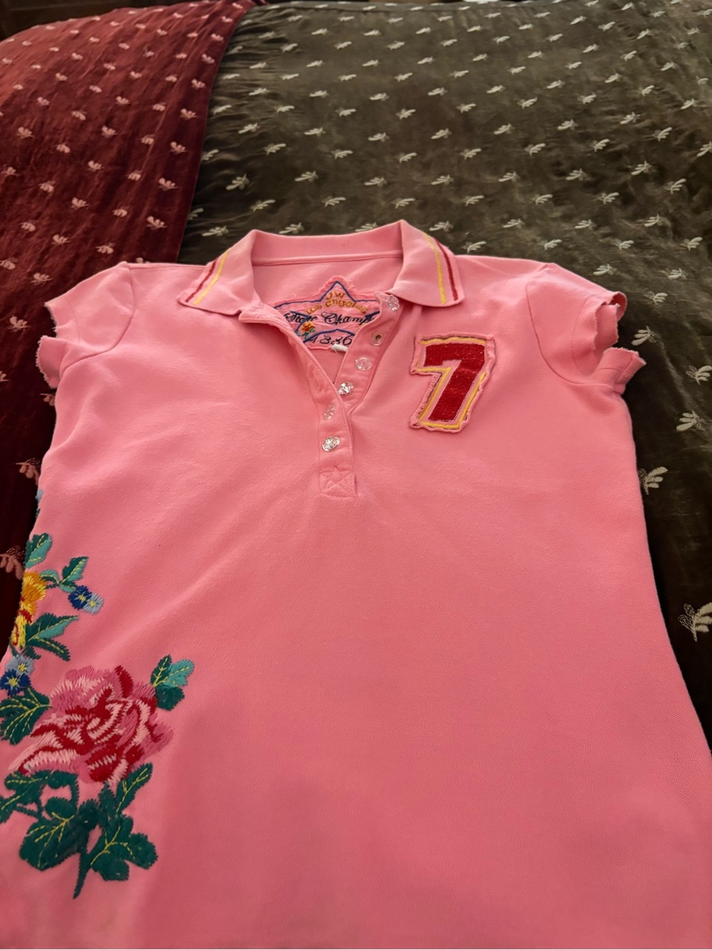Johnny Was JW LA Pink Short Sleeve Polo Tee with Number 7 & Floral Embroidery